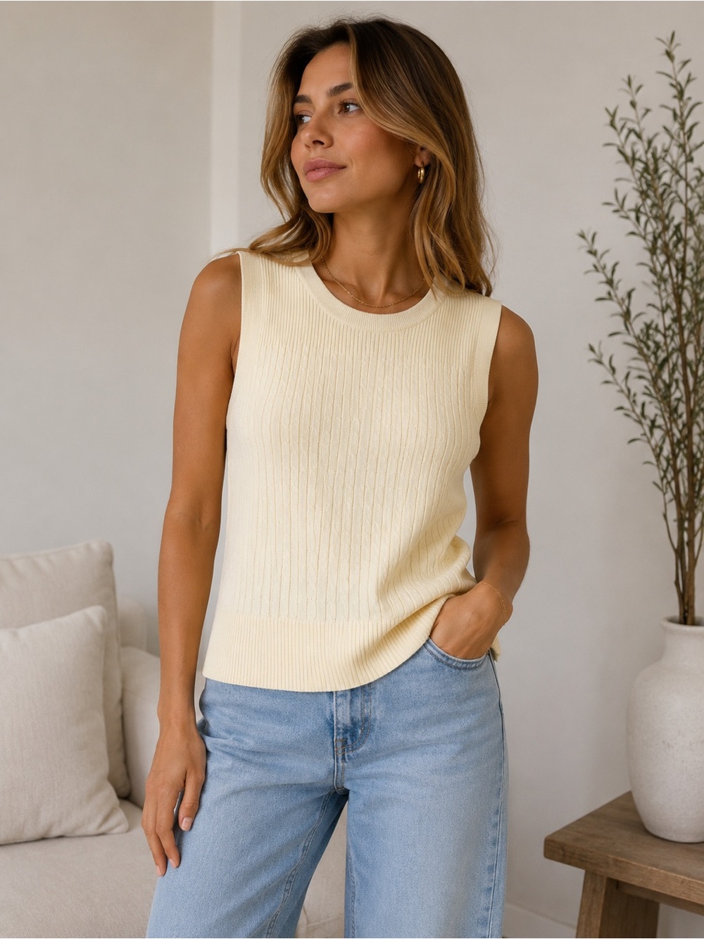 Denver Hayes Butter Yellow Ribbed Knit Sleeveless Sweater Vest | Size M |Cotton